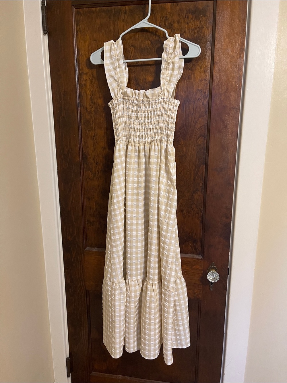 Amazon Beige Striped Smocked Maxi Dress